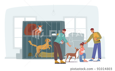 Dad with Kids Visit Adoption Center for Stray and Homeless Animals. Smiling Young Man with Children Adopting Pet Dad with Kids Visit Adoption Center for Stray and Homeless Animals. Smiling Young Man with Children Adopting Pet 91014803