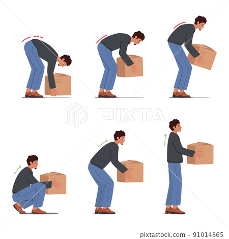 Correct and Incorrect Lift of Heavy Box, Health Care, Injury Prevention Concept. Man Stand Up with Cardboard Package Correct and Incorrect Lift of Heavy Box, Health Care, Injury Prevention Concept. Man Stand Up with Cardboard Package 91014865