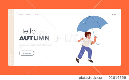 Hello Autumn Landing Page Template. Baby Boy Run with Umbrella in Hand. Little Male Character Go at Rainy Weather Hello Autumn Landing Page Template. Baby Boy Run with Umbrella in Hand. Little Male Character Go at Rainy Weather 91014866