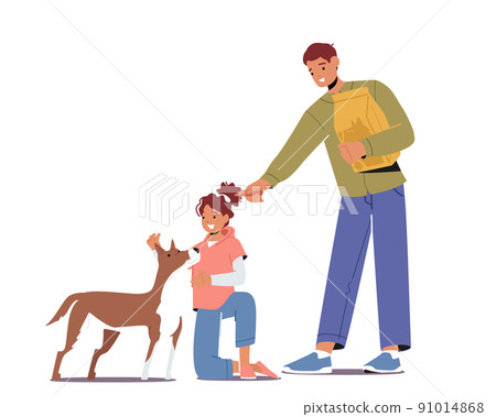 Friendly Children Characters Feeding Dog Isolated on White Background. Kids Giving Food to Homeless Puppy in Shelter Friendly Children Characters Feeding Dog Isolated on White Background. Kids Giving Food to Homeless Puppy in Shelter 91014868
