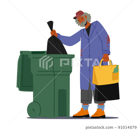 Homelessness and Unemployment Social Problem Concept. Homeless Jobless Poor Man in Old Clothes Fumble in Trash Homelessness and Unemployment Social Problem Concept. Homeless Jobless Poor Man in Old Clothes Fumble in Trash 91014879