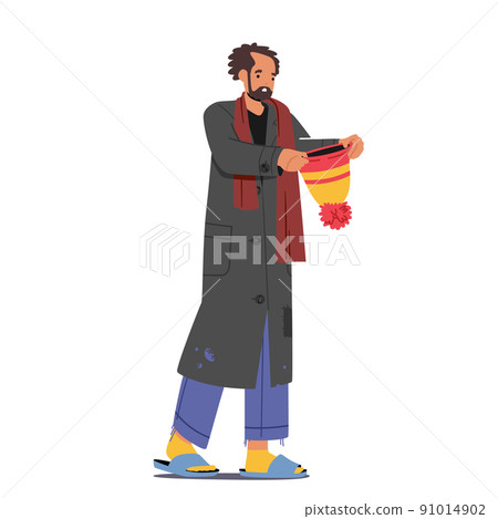 Homeless Adult Man Begging Money Holding Hat in Hands and Need Help, Bagger Male Character Living on Street 91014902