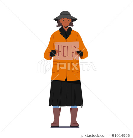 Homeless Woman Holding Banner Need Help, Bum in Ragged Clothes Begging Money, Unemployed Character in Trouble 91014906