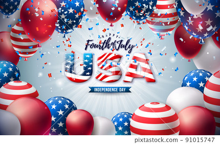 4th of July Independence Day of the USA Vector Illustration with American Flag Pattern Party Balloon and 3d Lettering on Light Background. Fourth of July National Celebration Design for Banner 91015747