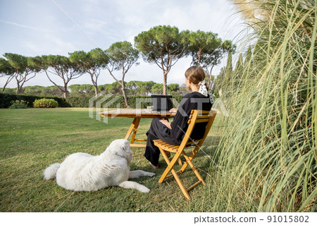 Girl caress dog and use laptop at table on lawn Girl caress dog and use laptop at table on lawn 91015802