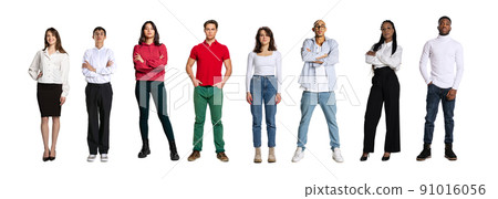 Group of different, multi ethnic people, men and women standing isolated over white background, Horizontal flyer, banner. Models in casual and business style clothes Group of different, multi ethnic people, men and women standing isolated over white background, Horizontal flyer, banner. Models in casual and business style clothes 91016056
