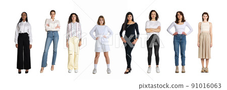 Group of different, multi ethnic people, men and women standing isolated over white background, Horizontal flyer, banner. Models in casual and business style clothes Group of different, multi ethnic people, men and women standing isolated over white background, Horizontal flyer, banner. Models in casual and business style clothes 91016063