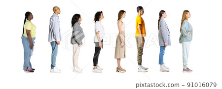 Profile view of young men and women standing in front of each other isolated over white background, Concept of youth, job, fashion Profile view of young men and women standing in front of each other isolated over white background, Concept of youth, job, fashion 91016079