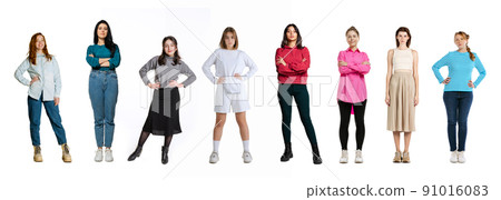 Group of different, multi ethnic people, men and women standing isolated over white background, Horizontal flyer, banner. Models in casual and business style clothes Group of different, multi ethnic people, men and women standing isolated over white background, Horizontal flyer, banner. Models in casual and business style clothes 91016083