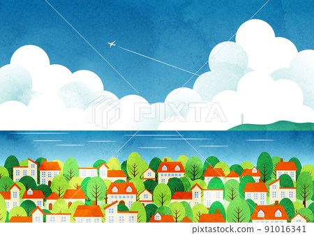 Watercolor style summer sea city background horizontal Watercolor style summer sea city background horizontal 91016341