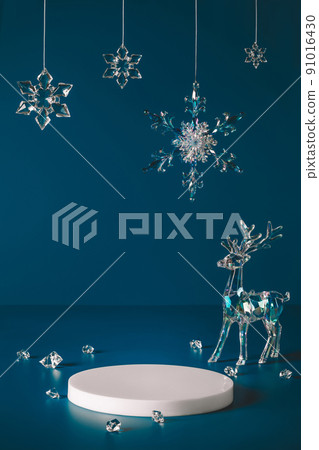 Empty podium stage Christmas decorations on dark blue background 91016430