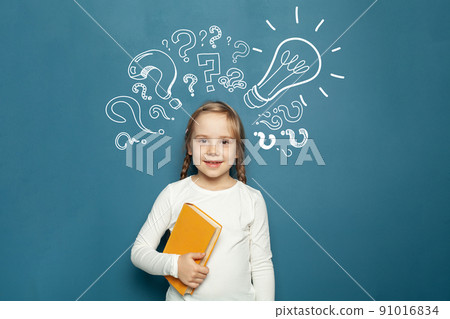 Young girl with question mark and light bulb. Idea, doubt, brainstorm and creativity concept 91016834