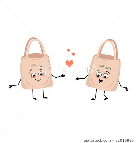 Cute character fabric bag with love emotions, smile face, arms and legs. Shopper with funny face, ecological alternative to plastic bag. Vector flat illustration 91016956