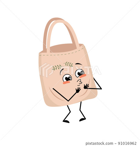 Cute character fabric bag with love emotions, smile face, arms and legs. Shopper with funny face, ecological alternative to plastic bag. Vector flat illustration Cute character fabric bag with love emotions, smile face, arms and legs. Shopper with funny face, ecological alternative to plastic bag. Vector flat illustration 91016962