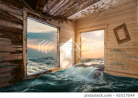 An old abandoned wooden Hut on sea. Unrealistic fantasy and nature concept An old abandoned wooden Hut on sea. Unrealistic fantasy and nature concept 91017044