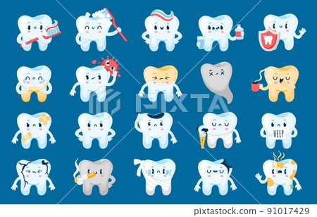 Good and bad tooth. Healthy cartoon characters and with dental problems, caries, infection and erosion. Vector unhappy teeth with sad faces, dental care concept 91017429