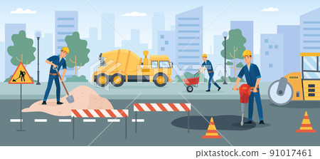 Road works, workers repair street renovate asphalt 91017461