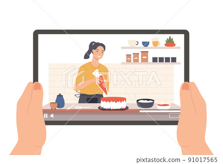 Hands holding tablet with culinary broadcast by vlogger Hands holding tablet with culinary broadcast by vlogger 91017565