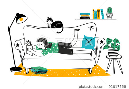Hand drawn reader girl enjoying hobby lie in sofa Hand drawn reader girl enjoying hobby lie in sofa 91017566