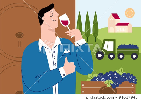 Man drink wine. Sommelier tastes alcohol beverage. Cartoon person with glass. Winemaking industry. Wooden barrels and beautiful landscape. Male holding wineglass. Garish vector concept Man drink wine. Sommelier tastes alcohol beverage. Cartoon person with glass. Winemaking industry. Wooden barrels and beautiful landscape. Male holding wineglass. Garish vector concept 91017943