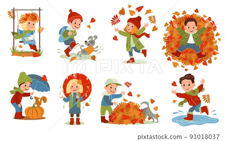 Autumn kids. Cute little children playing with fallen foliage and jumping through rain puddles. Orange leaves. Seasonal fun. Happy boys and girls walking in park. Splendid vector set 91018037