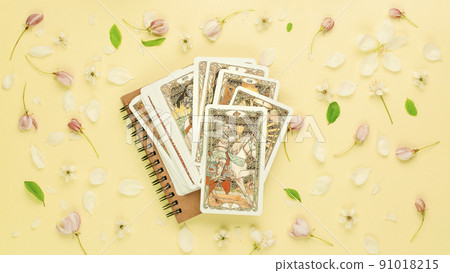 Blurred Tarot cards layout on witch table. Esoteric concept and astrology Knight of cups 91018215