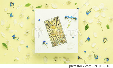 Blurred Summer esoteric concept , Fortune telling tarot predictions three cards flowers background 91018216