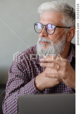 adult business man with gray hair is working at a laptop in his office. career finance and marketing, senior executive lawyer or financier in the company 91018328