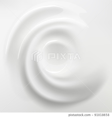 White cream background. Swirl blended mousse. Cosmetic or dairy product. Liquid spirals top view. Creamy whirlpool. Whipped vanilla dessert. Smooth vortex with twirls. Vector concept 91018658