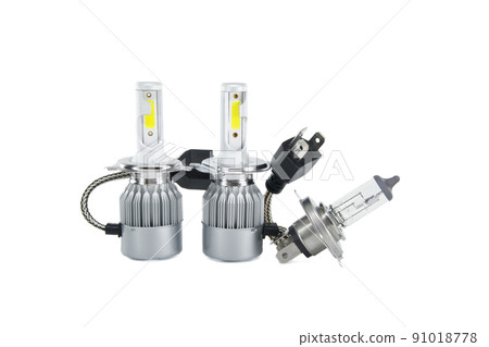 H4 halogen lamp and LED headlight bulbs on white H4 halogen lamp and LED headlight bulbs on white 91018778