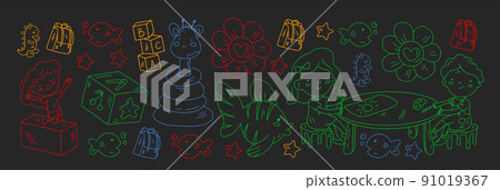 Creativity and imagination. Vector icons with school items. 91019367