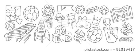 Creativity and imagination. Vector icons with school items. Creativity and imagination. Vector icons with school items. 91019417
