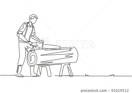 Continuous one line drawing sawmill concept. Professional lumberjack cutting tree by chainsaw for further transportation, processing. Global deforestation. Single line draw design vector illustration 91019512