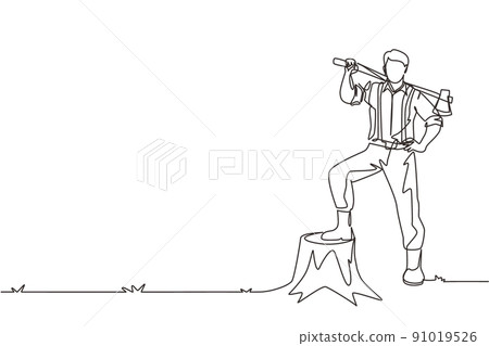 Single one line drawing smiling lumberjack wearing shirt, jeans and boots. Holding on his shoulder a ax posing with one foot on a tree stump. Continuous line draw design graphic vector illustration 91019526