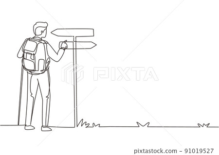 Single continuous line drawing direction pointer hiker man backpacks hiking traveling and tourism. Trekking wild nature recreation and sport backpacking trip. One line draw design vector illustration Single continuous line drawing direction pointer hiker man backpacks hiking traveling and tourism. Trekking wild nature recreation and sport backpacking trip. One line draw design vector illustration 91019527
