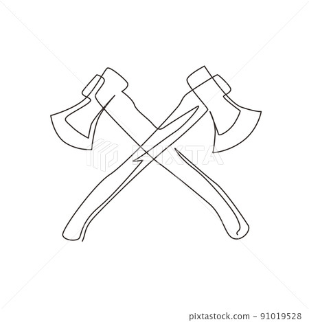 Continuous one line drawing lumberjack axes crossed icon. Crossed axes, crossed firefighter axe, fire service fireman axe, Hatchet in vector format. Single line draw design vector graphic illustration Continuous one line drawing lumberjack axes crossed icon. Crossed axes, crossed firefighter axe, fire service fireman axe, Hatchet in vector format. Single line draw design vector graphic illustration 91019528