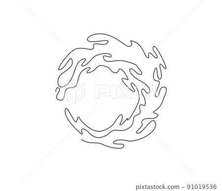 Single continuous line drawing circle made of water splashes. Ring closeup of fresh and clear splash. Water splash refreshing shape concept. Dynamic one line draw graphic design vector illustration Single continuous line drawing circle made of water splashes. Ring closeup of fresh and clear splash. Water splash refreshing shape concept. Dynamic one line draw graphic design vector illustration 91019536
