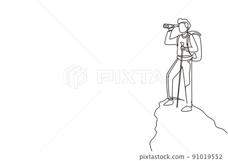 Single one line drawing man trekking on mountain. Young male traveling in mountains, standing on top, looking in binoculars. Tourist outdoor. Continuous line draw design graphic vector illustration Single one line drawing man trekking on mountain. Young male traveling in mountains, standing on top, looking in binoculars. Tourist outdoor. Continuous line draw design graphic vector illustration 91019552
