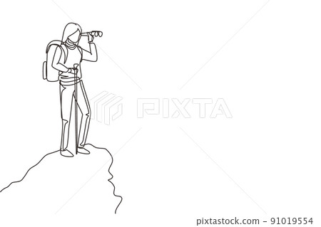 Single one line drawing cheerful traveler woman with a big backpack stands on the mountain and looks at the binocular. Standing on top. Modern continuous line draw design graphic vector illustration Single one line drawing cheerful traveler woman with a big backpack stands on the mountain and looks at the binocular. Standing on top. Modern continuous line draw design graphic vector illustration 91019554