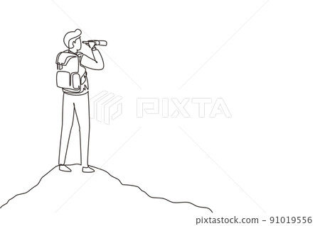 Single continuous line drawing man with backpack, binoculars in summer mountain landscape, outdoor activity, travel, camping, backpacking trip or expedition. One line draw design vector illustration Single continuous line drawing man with backpack, binoculars in summer mountain landscape, outdoor activity, travel, camping, backpacking trip or expedition. One line draw design vector illustration 91019556