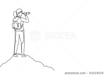 Single one line drawing girl trekking on mountain. Young woman traveling in mountains, standing on top, looking in binoculars. Tourist outdoor scene. Continuous line draw design vector illustration 91019558