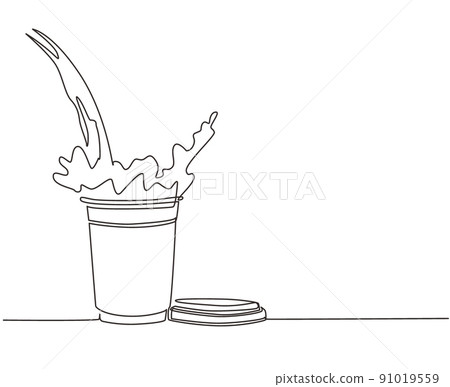 Single one line drawing pouring coffee into paper cup causing splash. Coffee pouring into disposable paper cup and creating splashes. Modern continuous line draw design graphic vector illustration Single one line drawing pouring coffee into paper cup causing splash. Coffee pouring into disposable paper cup and creating splashes. Modern continuous line draw design graphic vector illustration 91019559