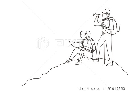 Continuous one line drawing couple man woman hikers with backpacks, binocular, and hiking gear reading route map. Looking for direction, trekking location. Single line draw design vector illustration Continuous one line drawing couple man woman hikers with backpacks, binocular, and hiking gear reading route map. Looking for direction, trekking location. Single line draw design vector illustration 91019560