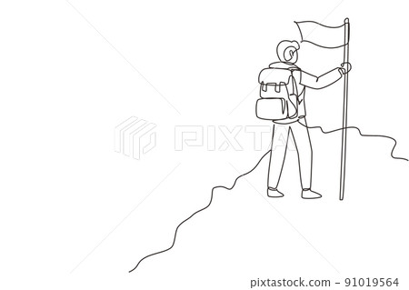 Single continuous line drawing cheerful man climber standing on the top of mountain with flag. Young smiling mountaineer climbing on a rock. Dynamic one line draw graphic design vector illustration 91019564