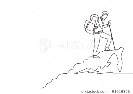 Single continuous line drawing young hiker with backpack on top of mountain. Trekking man simple sketch, Outdoor activity. Happy hikers, tourists or climbers. One line draw design vector illustration 91019566