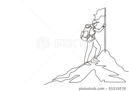 Continuous one line drawing climber in uniform with flag on snowed mounts peak. Happy man climber reached mounts summit enjoying picturesque view. Single line draw design vector graphic illustration Continuous one line drawing climber in uniform with flag on snowed mounts peak. Happy man climber reached mounts summit enjoying picturesque view. Single line draw design vector graphic illustration 91019576