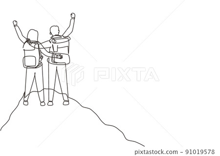 Continuous one line drawing romantic couple hikers with raised hands in a mountain valley at sunrise. Travel, tourism, hike and adventure concept. Single line draw design vector graphic illustration Continuous one line drawing romantic couple hikers with raised hands in a mountain valley at sunrise. Travel, tourism, hike and adventure concept. Single line draw design vector graphic illustration 91019578