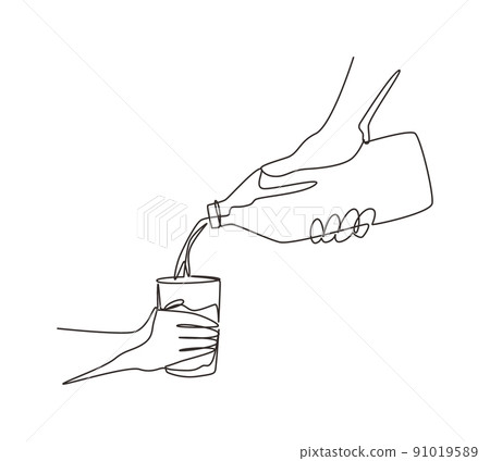 Continuous one line drawing woman's hand pours fresh milk from glass bottle into glass. The concept of healthy dairy products with calcium. Morning routine. Single line draw design vector illustration Continuous one line drawing woman's hand pours fresh milk from glass bottle into glass. The concept of healthy dairy products with calcium. Morning routine. Single line draw design vector illustration 91019589
