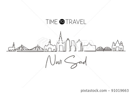 Single continuous line drawing Novi Sad city skyline, Serbia. Historical town landscape in world. Best holiday destination wall decor. Editable stroke trendy one line draw design vector illustration 91019663