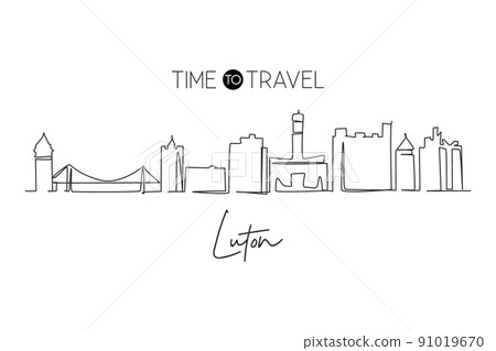 Continuous one line drawing Luton city skyline, England. Historical town landscape in the world. Best holiday destination. Editable stroke trendy single line draw design vector graphic illustration Continuous one line drawing Luton city skyline, England. Historical town landscape in the world. Best holiday destination. Editable stroke trendy single line draw design vector graphic illustration 91019670